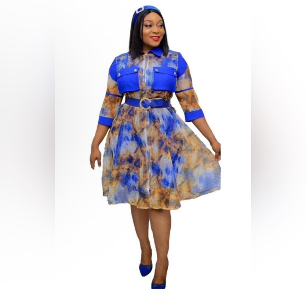 Blue and Multicolor Dress with Belt